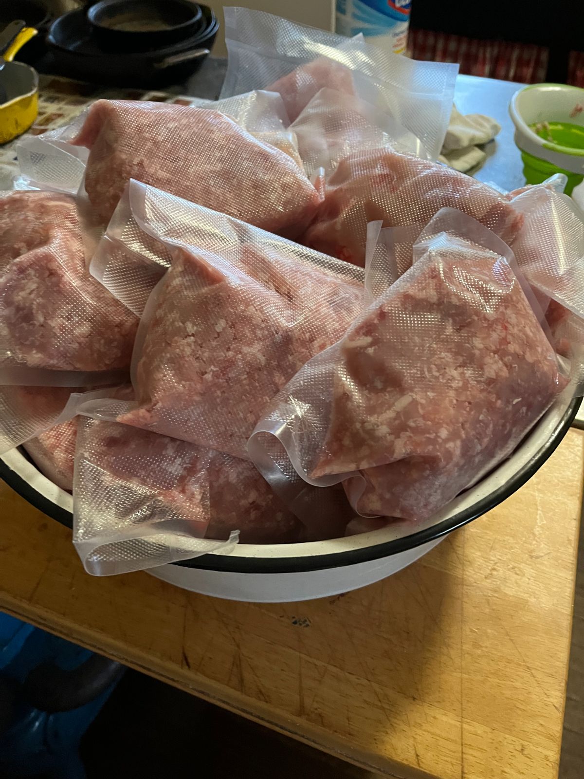Packages of fresh ground rabbit meat