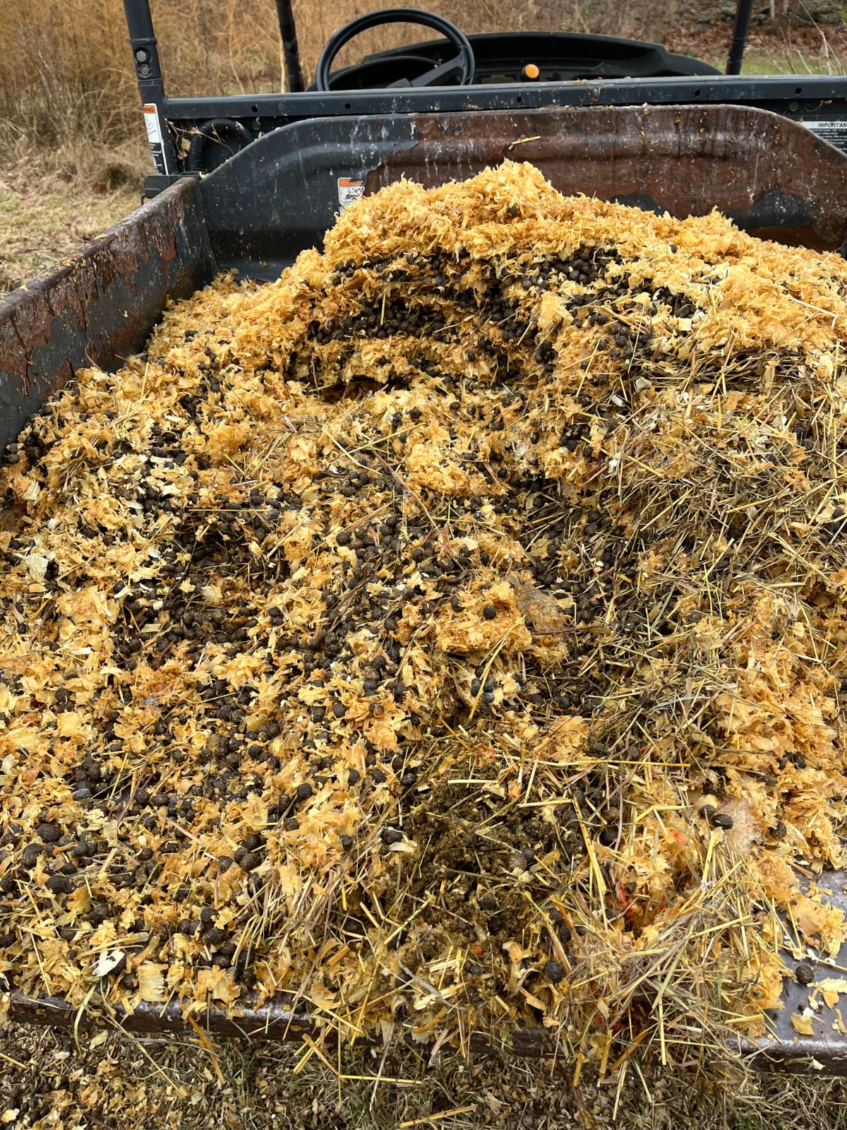 Shavings and manure waste from cleaning meat rabbit cages