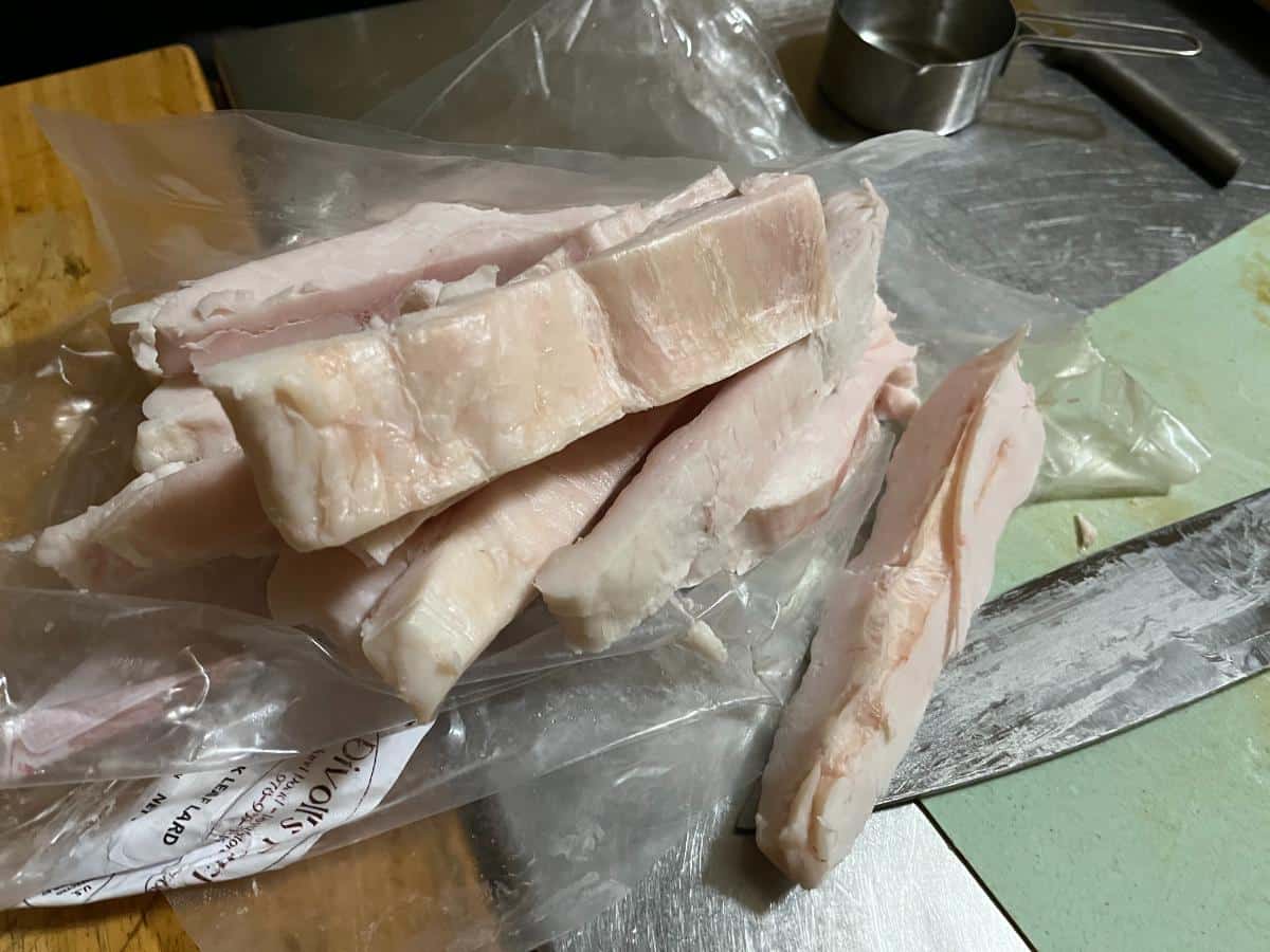 Strips of pork fat for sausage making