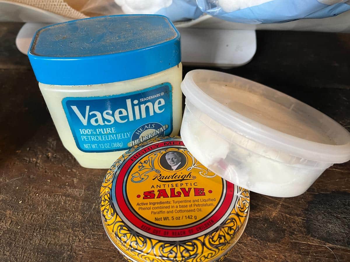 Salves and coconut oil for use in the rabbit barn
