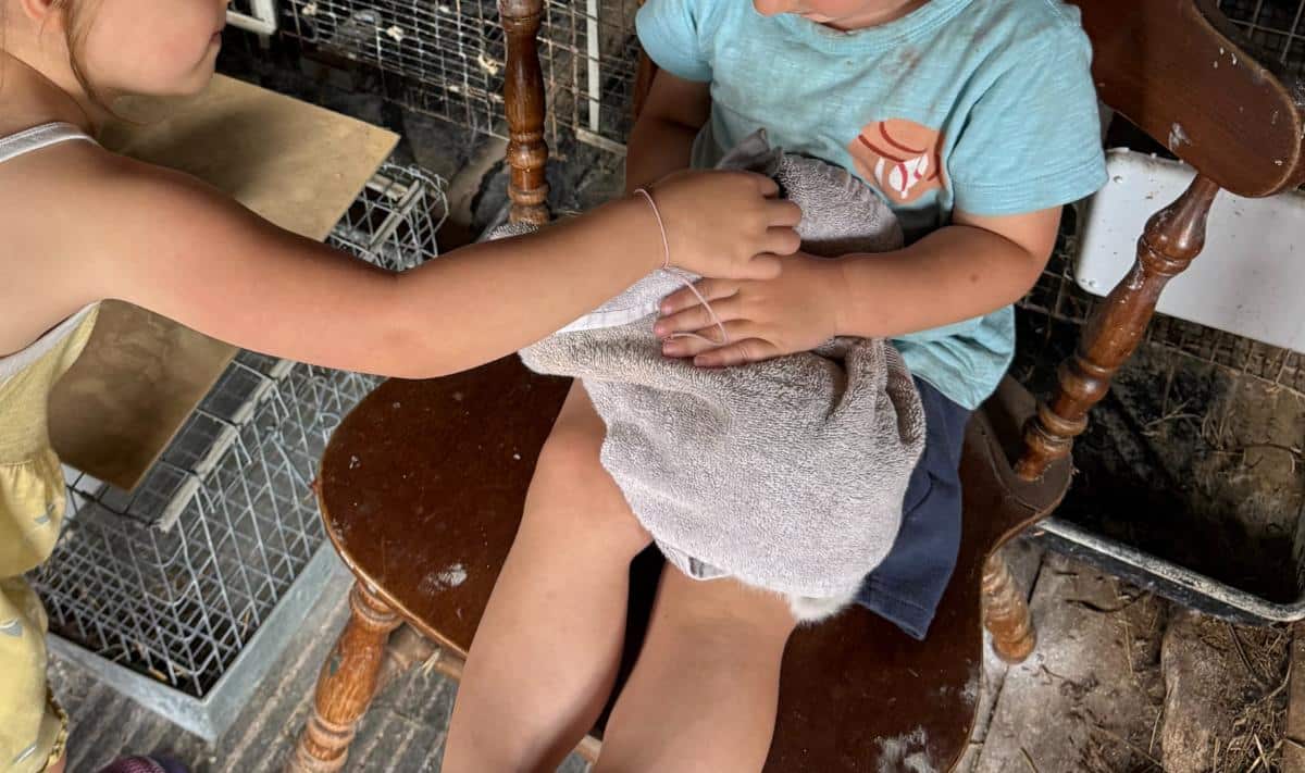 Young children holding meat rabbits in a rabbit burrito