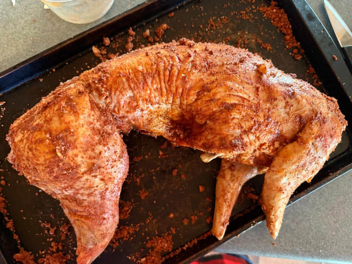 Dry rubbed whole rabbit ready for the smoker
