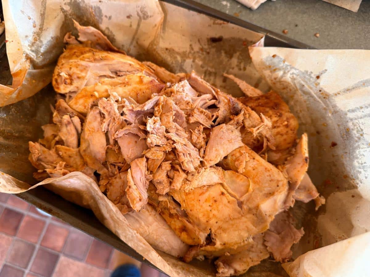 Pulled cooked rabbit meat, slow cooked in smoker