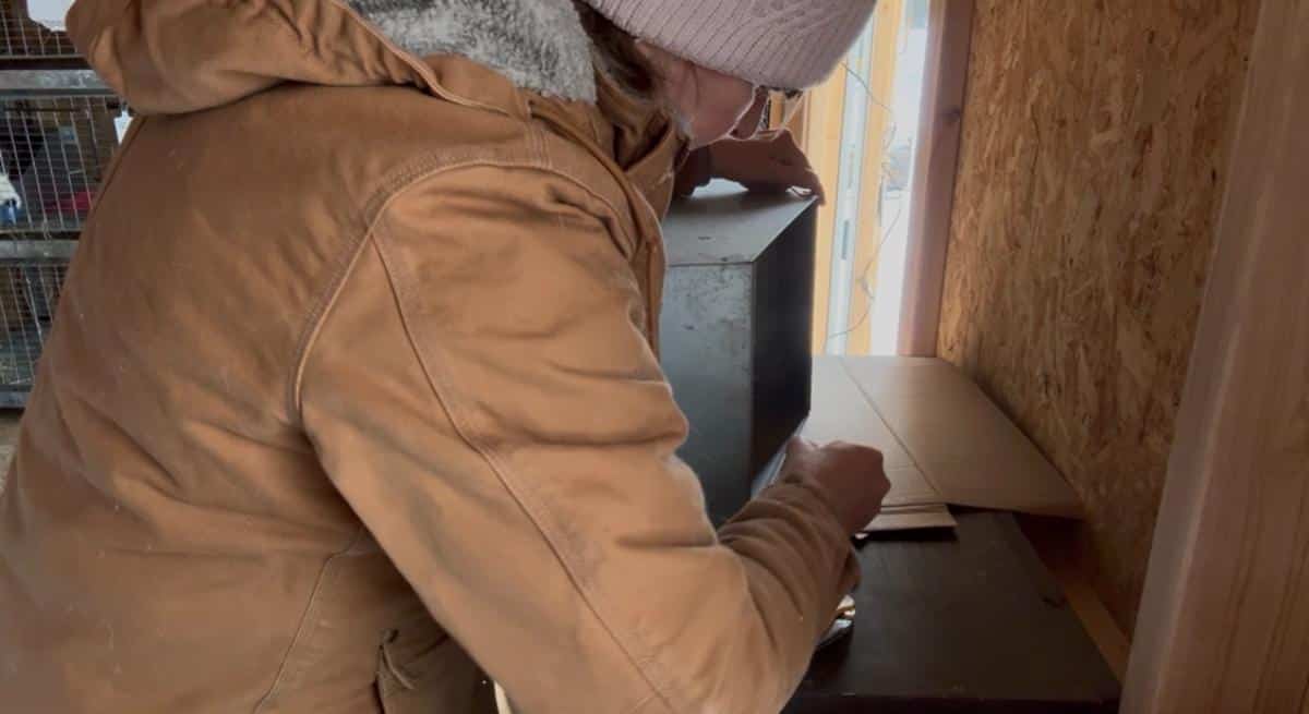 Tracing the rabbit nest box to make a cardboard liner