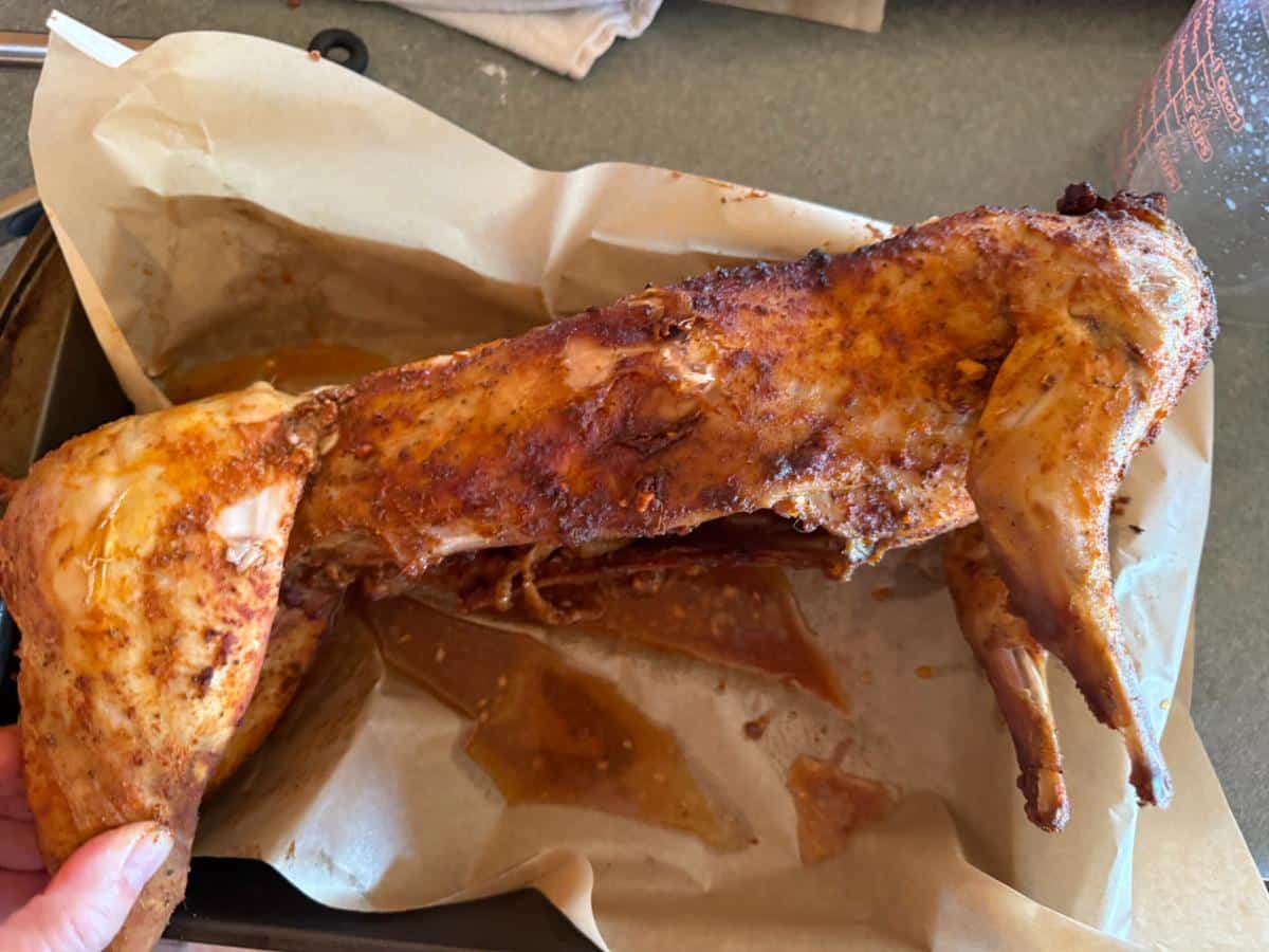Brined, rubbed smoked rabbit