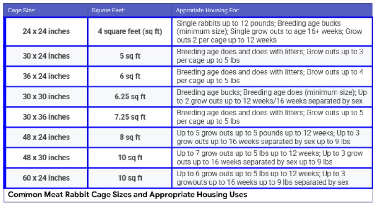 Meat rabbit cage size table