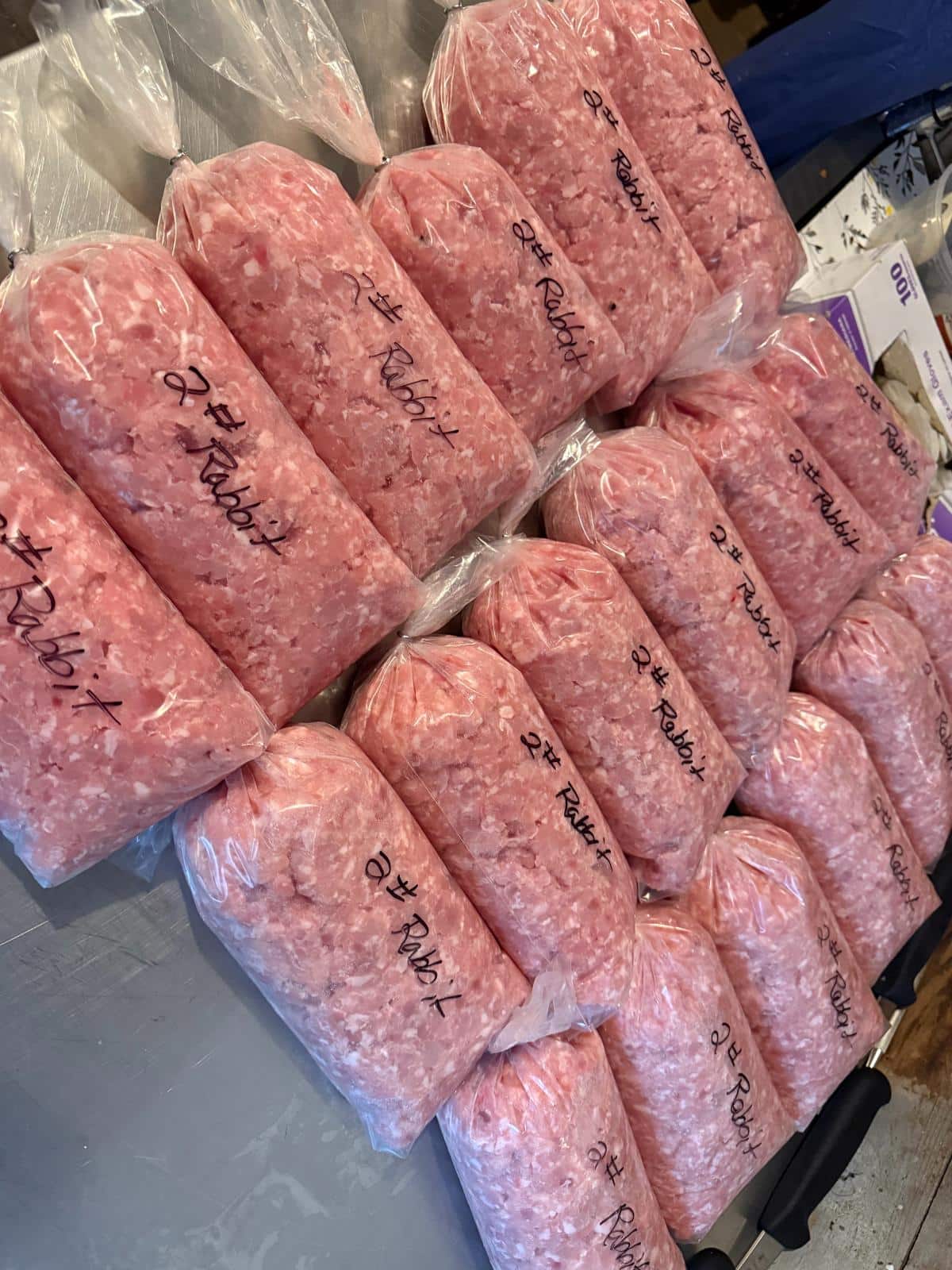 Packaged ground rabbit meat bags